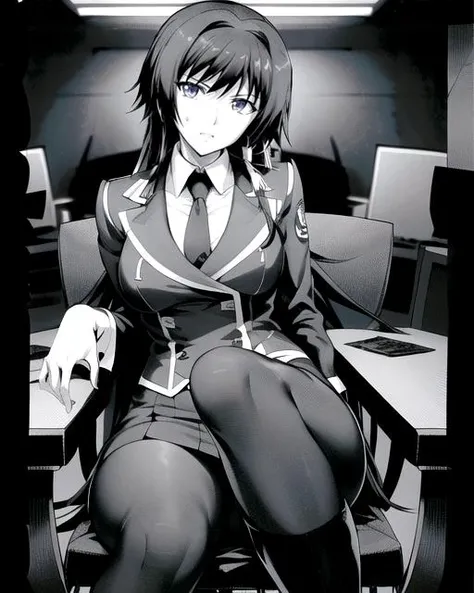 yui,(comic,monochrome, greyscale, uniform, )1girl, solo,(masterpiece,best quality),medium breasts,very long hair, miniskirt, looking at viewer , <lora:takamura_yui:1>,purple eyes, brown hair, floating hair,depth of field, white hairband,takamura yui,
from below, panty peek, pantyhose, black legwear, knee boots,blue necktie, military uniform,
(HDR, UHD, 8K,best quality,masterpiece,Highly detailed,Studio lighting,ultra-fine painting,sharp focus,physically-based rendering,extreme detail description,Professional),
sitting, office chair, serious, bored, envy,pov, looking at viewer, head tilt,from below, zettai ryouiki,