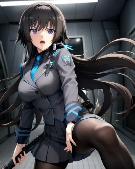 yui,(uniform, military uniform,)1girl, solo,(masterpiece,best quality),large breasts,very long hair, miniskirt, looking at viewer , <lora:takamura_yui:1>, katana, holding sword, black legwear,pantyhose,blue necktie,purple eyes, brown hair,  floating hair, light particles:1.5, depth of field, white hairband, fighting stance,
(HDR, UHD, 8K,best quality,masterpiece,Highly detailed,Studio lighting,ultra-fine painting,sharp focus,physically-based rendering,extreme detail description,Professional,Vivid Colors),
disdain, disgust, troubled eyebrows,from below, aiming at viewer, pov hands, open mouth, talking,