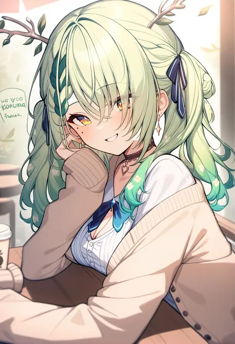 masterpiece, best quality, rating: general,  <lora:Ceres_Fauna:1> ceres fauna, looking at viewer, mole, choker, cardigan, braid, official alternate costume, smile, earrings, jewelry, mole under eye, hair ornament, hair ribbon, twintails, sitting at a table in a cafe BREAK english text, ("Konfauna~":1.4)