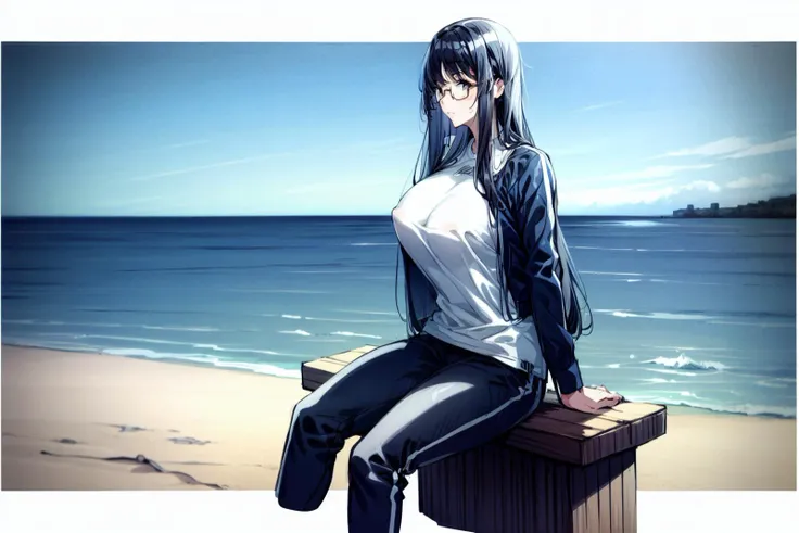 1girl, Beautiful Asian woman, long hair, delicate face, white framed glasses, big chest, arm support, beach, black hair, blue sky, day, horizon, yellow jacket, long hair, long sleeves, ocean, outdoors, pants, sand, shirt, shoes, shore, sitting, sky, sneakers, solo, water, waves, white footwear, white shirt <lora:more_details:0.6> <lora:upwardsnipplesv1:0.6> <lora:easynegative:1> <lora:0258 see-through nurse_v1:0.5>