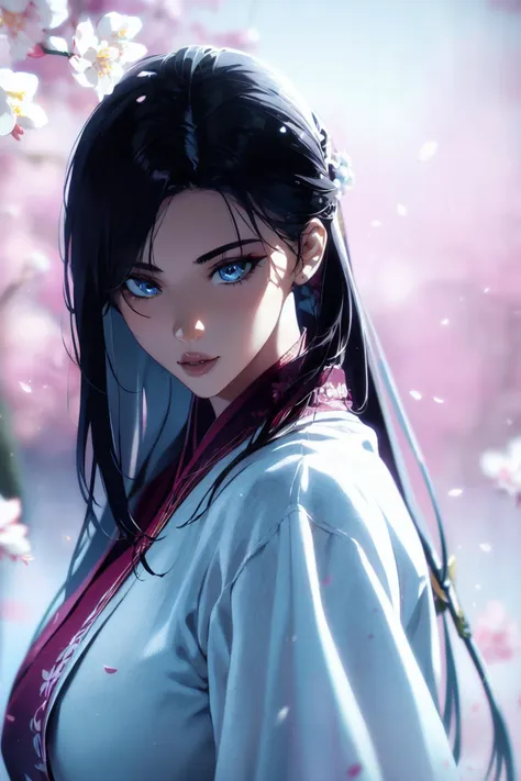 leogirl, seductive leaning forward detailed skin, ultra realistic cg, picture-perfect face, flawless, clean, masterpiece, professional artwork, famous artwork, cinematic lighting, white robesï¼ï¼Chinese style white robe Paired with lace edgesï¼0.8ï¼, in the forest, background blurred, cherry blossoms and fallen leaves,ï¼cinematic bloom,((black hair)),(1girl,  beautiful korean girl),perfect face, (young:1.1),((fit figure)),((25 year old)), beautiful face, beautiful blue eyes,detail eyes, detail face, (((perfect female body, narrow waist))),(large breasts:1.3), ((girl standing)),  upper body, blade to side, strike pose , blade down ,blade right hand, cherry blossoms, (masterpiece, best quality, high quality, highres, ultra-detailed), <lora:Sword Sakura:0.9>,