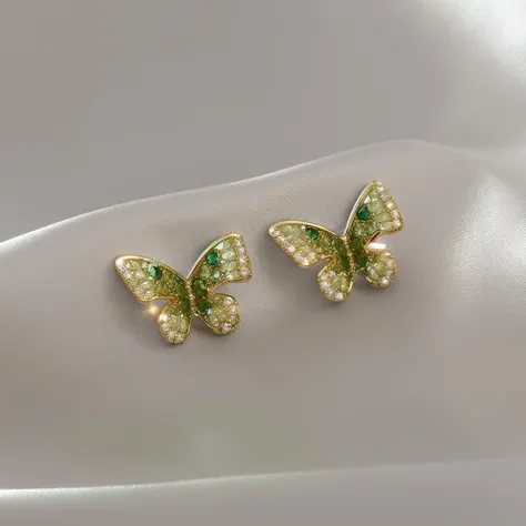 ding, green diamond stud earrings, butterfly shaped stud earrings, butterfly, white background, gold trimmed stud earrings, green gemstone
,
<lora:ershiv2:1>
