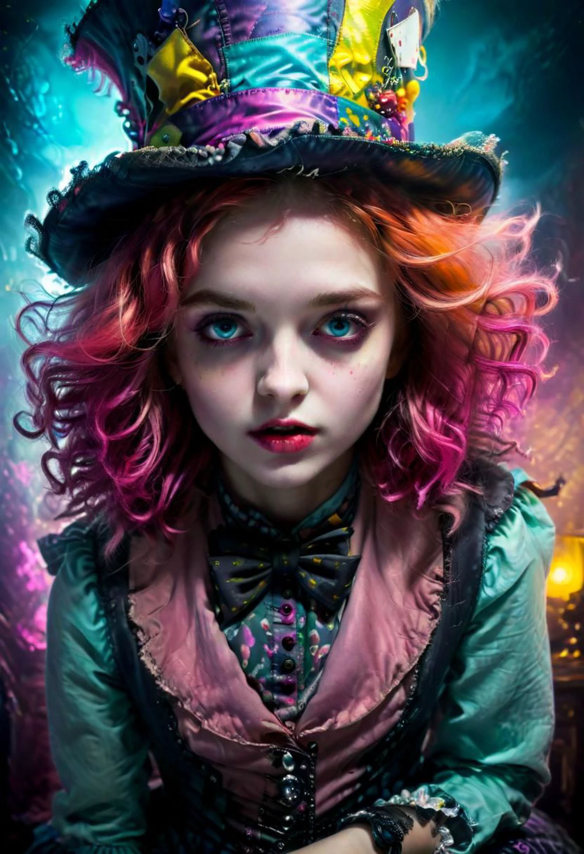 portrait young mad hatter girl,(crazy:1.4), alice in wonderland, cyberpunk version, rim light, dark light, low light, cold colors, surreal art, portrait, creepy, horror, (vibrant colors:1.4), deep detailed wonderland background, , vivid colors, colored hair, wind hair,huge hat