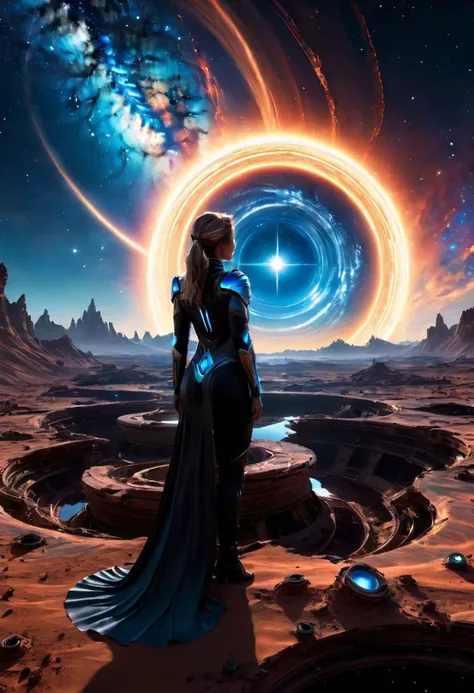 digital art, 8K, HDR, RGB, Ultra-HD, close-up; Night sky, black and blue nightmare, bright rays of sunset, star whirlpool, helical milky way above, spaceship wreckage, silhouette of a woman standing on the surface of Mars, looking at the stars in the sky, space art, cosmic fractal gradient, high resolution 4k; style Jamie Wyeth, James Gillard, Edward Hopper, Greg Rutkowski, Studio Ghibli Genshin Impact