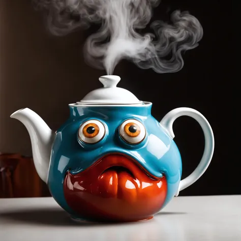 Photo of a teapot with crazy eyes and mouth, steam coming out, crazy look, standing on a tea table