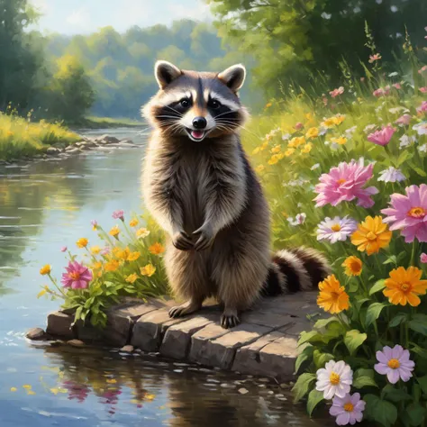 sloppy strokes drawing of happy racoon playing at river bank surrounded by pretty flowers in summer morning, BREAK (professional painting, dynamic pose, dynamic composition, dynamic lighting, realistic proportions, extreme detailed, intricate details), (hdr, raytracing, ultra detailed, highly detailed atmosphere, highly detailed textures)