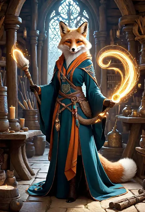 An enchanting image featuring an adorable fox mage wearing intricate ancient robes, holding an ancient staff, hard at work in her fantastical workshop, intricate runic symbols swirling around her, it's clear that she's busy casting a powerful spell. Her fluffy tail sways gently as she concentrates on the task at hand, adding to the whimsical atmosphere of this magical scene. The soft lighting and detailed surroundings create an immersive environment where imagination runs wild. This charming artwork is sure to delight fans of both kittens and fantasy worlds alike, transporting them into a realm filled with wonder and possibility, hyper-detailed, high quality visuals, dim Lighting, ultra-realistic, sharply focused, octane render, 8k UHD