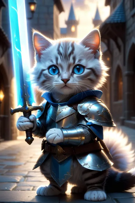 kitten,
fantasy worlds,
Maine cat mage wearing armour,
holding an Big Sword,
blue eyes,
Magic Barrier,
fluffy tail,
detailed surroundings,
Luminous Magic Array,
(hyper-detailed,high quality visuals,dim Lighting,ultra-realistic,sharply focused,octane render,8k UHD,masterpiece,high quality),beautiful detailed glow,beautiful detailed glow,((clouds)),((medieval city)),sunlight,looking at viewer,