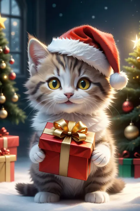 kitten,
fantasy worlds,
young cat,holding gift,Christmas tree,Christmas,Santa's Hat,
yellow eyes,smile,
fluffy tail,
detailed surroundings,
(hyper-detailed,high quality visuals,dim Lighting,ultra-realistic,sharply focused,octane render,8k UHD,masterpiece,high quality),