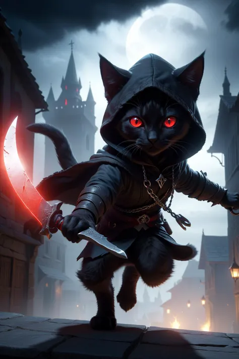 kitten,
fantasy worlds,
black cat mage wearing hood,Assassin's Creed,
holding an knife,
red eyes,
jumping,aerial,
casting wind spell,
fluffy tail,
detailed surroundings,
Luminous Magic Array,
(hyper-detailed,high quality visuals,dim Lighting,ultra-realistic,sharply focused,octane render,8k UHD,masterpiece,high quality),beautiful detailed glow,beautiful detailed glow,chain ring,chain storm,dark chain,((wholeblack bloomer)),darkside,night,deep dark,darkness,((dark clouds)),((medieval city)),shadow,moon,