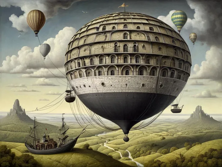 Neo surrealism, whimsical art, painting, fantasy, magical realism, bizarre art, pop surrealism, inspired by Remedios Var, Jacek Yerka and Gabriel Pacheco. Create an classic artistic reproduction of voyages extraordinaire by Jules Verne <lora:sur-mono_XL:0.8> sur-mono_XL, monochrome