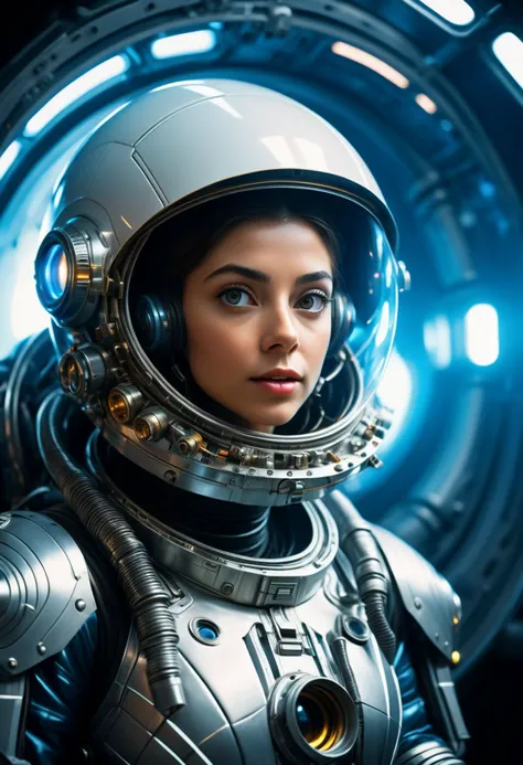 candid photo of female engineer repairing a massive spaceship's engine, wearing a tight futuristic spacesuit, masterpiece, (beautiful and giant eyes:1.1), intricate detail, highly complex iris, closeup, neon lights, heavy smoke, cyberpunk atmosphere, flash lighting, shot on Bolex H16, expired Ektachrome film