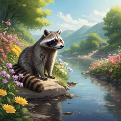 anime style drawing of happy racoon playing at river bank surrounded by pretty flowers in summer morning, BREAK (professional painting, dynamic pose, dynamic composition, dynamic lighting, realistic proportions, extreme detailed, intricate details), (hdr, raytracing, ultra detailed, highly detailed atmosphere, highly detailed textures)