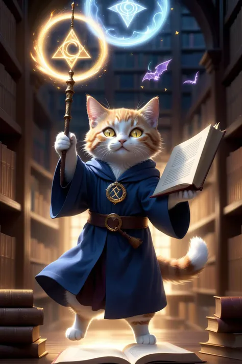 kitten,
fantasy worlds,
eloder cat mage wearing robes,Mage Hat,librarian,
holding wand,arms up,flying cat,
yellow eyes,
(Magic Circle:1.3),Glowing Text,Luminous Magic Array,complex magic formation,Floating Rune script,
flying book,Flying in the air,suspended,(Flying:1.3),book around,a lot of book,
fluffy tail,
detailed surroundings,
(hyper-detailed,high quality visuals,dim Lighting,ultra-realistic,sharply focused,octane render,8k UHD,masterpiece,high quality),
beautiful detailed glow,library,sunlight,aerial,medium_shot,