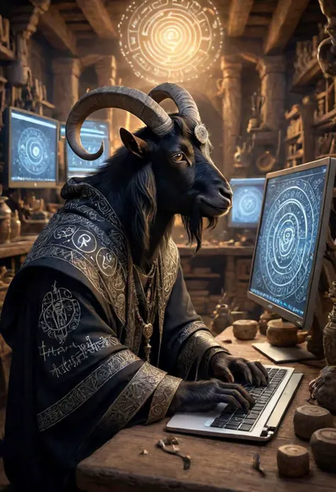 An enchanting image featuring an adorable cool black goat wearing intricate ancient robes, on computer, codding program, hard at work in his fantastical workshop, intricate runic symbols swirling around him, it's clear that he's busy with his duty, adding to the whimsical atmosphere of this magical scene. The soft lighting and detailed surroundings create an immersive environment where imagination runs wild, transporting them into a realm filled with wonder and possibility, hyper-detailed, high quality visuals, dim Lighting, ultra-realistic, sharply focused, octane render, 8k UHD