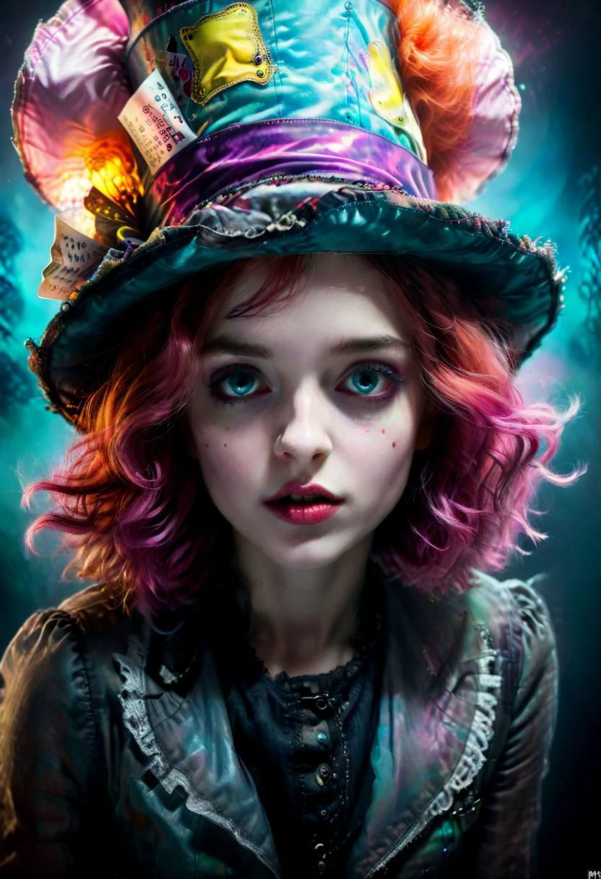 portrait young mad hatter girl,(crazy:1.4), alice in wonderland, cyberpunk version, rim light, dark light, low light, cold colors, surreal art, portrait, creepy, horror, (vibrant colors:1.4), deep detailed wonderland background, , vivid colors, colored hair, wind hair,huge hat