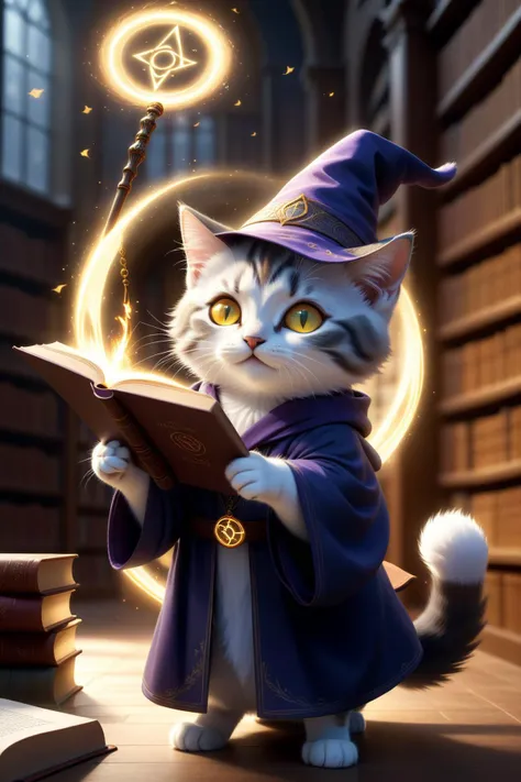 kitten,
fantasy worlds,
eloder cat mage wearing robes,Mage Hat,librarian,
holding wand,arms up,(flying cat:1.3),
yellow eyes,
(Magic Circle:1.3),Glowing Text,Luminous Magic Array,complex magic formation,Floating Rune script,
flying book,Flying in the air,suspended,(Flying:1.3),book around,a lot of book,
fluffy tail,
detailed surroundings,
(hyper-detailed,high quality visuals,dim Lighting,ultra-realistic,sharply focused,octane render,8k UHD,masterpiece,high quality),
beautiful detailed glow,library,sunlight,aerial,medium_shot,looking_up,