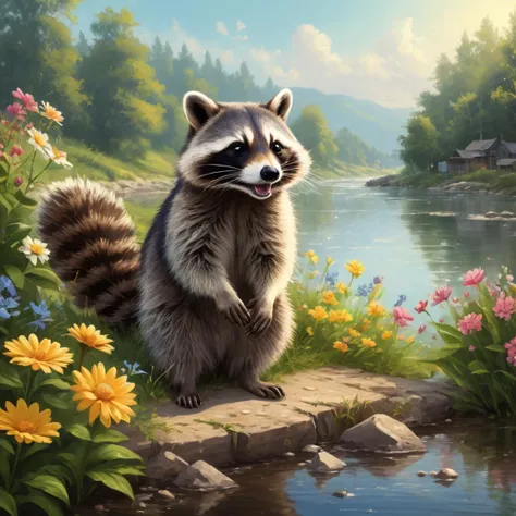 90s illustration style happy racoon playing at river bank surrounded by pretty flowers in summer morning, BREAK (professional painting, dynamic pose, dynamic composition, dynamic lighting, realistic proportions, extreme detailed, intricate details), (hdr, raytracing, ultra detailed, highly detailed atmosphere, highly detailed textures)