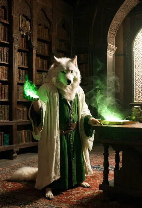 A white wolf trying to cast a spell in a library within Ottoman architecture. His fur shines in the dim sunlight and the green magic in his hand illuminates the surroundings.