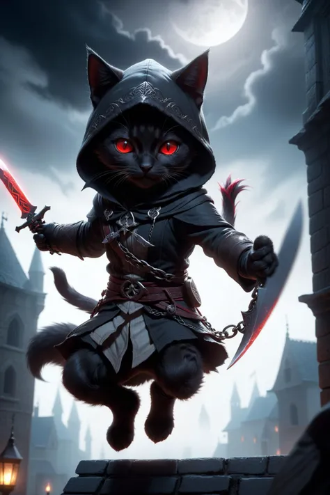 kitten,
fantasy worlds,
black cat mage wearing hood,Assassin's Creed,
holding an knife,
red eyes,
(jumping:1.3),aerial,from_below,
casting wind spell,
fluffy tail,
detailed surroundings,
Luminous Magic Array,
(hyper-detailed,high quality visuals,dim Lighting,ultra-realistic,sharply focused,octane render,8k UHD,masterpiece,high quality),beautiful detailed glow,beautiful detailed glow,chain ring,chain storm,dark chain,((wholeblack bloomer)),darkside,night,deep dark,darkness,((dark clouds)),((medieval city)),shadow,moon,
