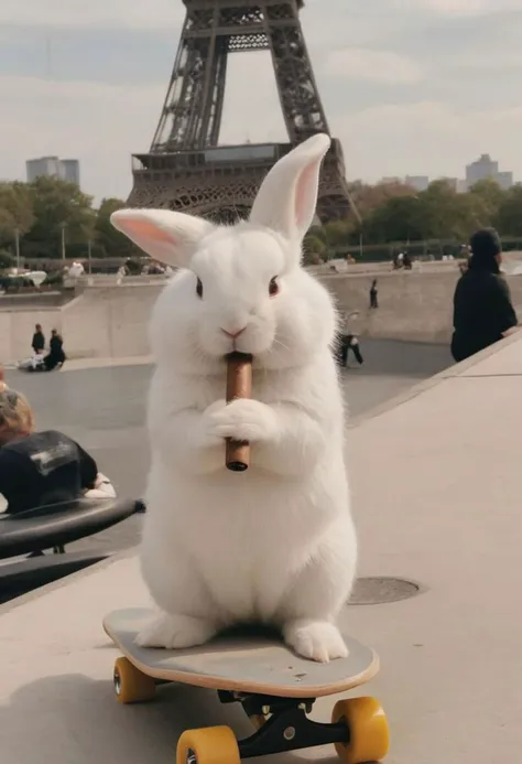 Photo of a white baby bunny smoking a cigar, on a skateboard in front of Eiffel Tower.
