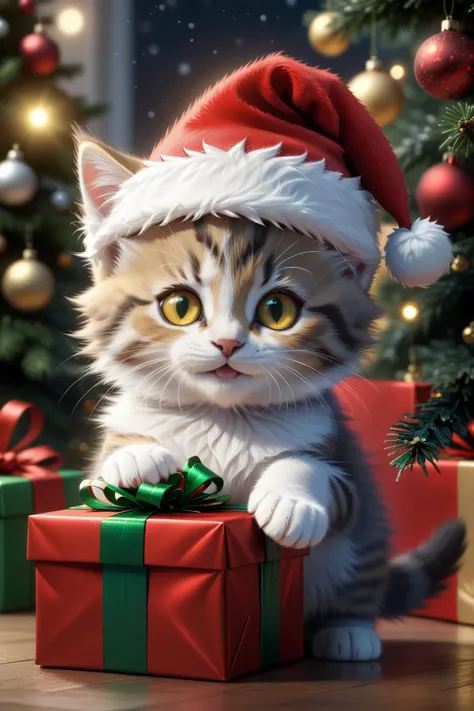 kitten,
fantasy worlds,
young cat,holding gift,Christmas tree,Christmas,Santa's Hat,
yellow eyes,smile,
fluffy tail,
detailed surroundings,
(hyper-detailed,high quality visuals,dim Lighting,ultra-realistic,sharply focused,octane render,8k UHD,masterpiece,high quality),