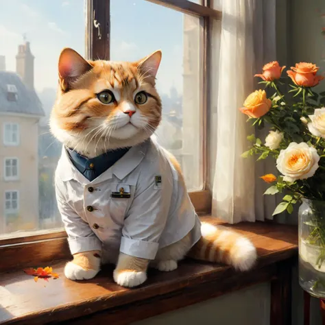 Ai Weiwei art style professional portrait photo of an anthropomorphic cat look out of window. The cat wear a classic white doctor's outfit. The cat has pensive and hopeful expression. The background is a room with a table with a bouquet of roses on the table. It is autumn morning time and clear weather.
Smooth focus on the cat, dynamic pose, dynamic background, dynamic composition, dynamic lighting, realistic proportions, 16k resolution, ultra realistic, photorealistic, hdr, raytracing, extreme detailed, ultra detailed, intricate details, highly detailed atmosphere, highly detailed textures.