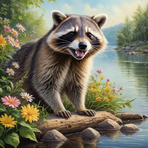 colored pencil drawing of happy racoon playing at river bank surrounded by pretty flowers in summer morning, BREAK (professional painting, dynamic pose, dynamic composition, dynamic lighting, realistic proportions, extreme detailed, intricate details), (hdr, raytracing, ultra detailed, highly detailed atmosphere, highly detailed textures)