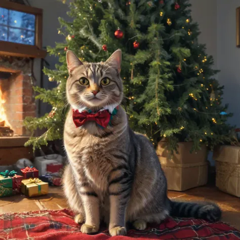 professional painting by Alayna Lemmer of cat looking at a christmas tree. The cat is wearing a small bowtie. It is winter evening time and clear weather. Smooth focus on the cat, dynamic pose, dynamic background, dynamic composition, dynamic lighting, realistic proportions, intricate details, 16k resolution, hdr, raytracing.