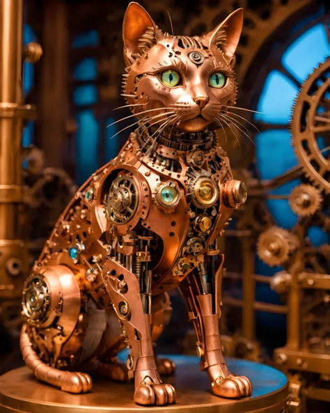 full body Photo of a cat, entire made of clockwork, realistic detailed gears and levers, mechanical marvel, copper colored, intricate structure, mechanical cat, complicated precision mechanics, very detailed, many individual parts, steampunk, (very expressive cateyes:1.3), the entire body consists of the finest mechanics, surreal masterpiece, vibrant, ultra hd, vivid colors, volumetric light, dof, blurry background