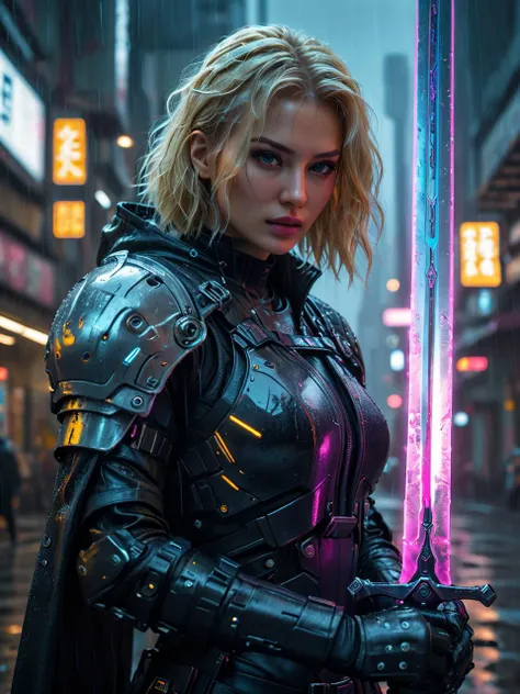 a beautiful woman, blonde hair,detailed face,
portrait, holding glowing sword, cyberpunk setting, photorealistic, hyper detailed, 16K, HDR, HKStyle, HD, masterpiece, best quality, hyper detailed, ultra detailed,raining, rainy weather,
<lora:HKStyle:0.5>