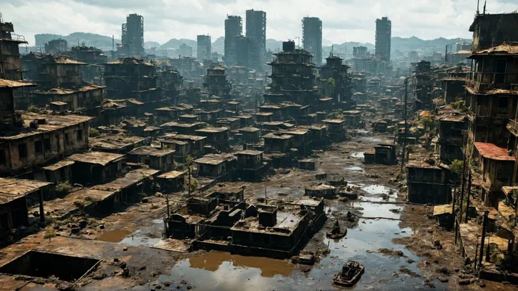 EdobHorrorLandscape, on a post-apocalyptic city drowned in poisonous sludge, 100 people scavenger the remains on the city <lora:EdobHorrorLandscape_XL_v1.0:1>