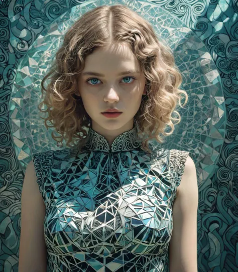 Velvia, Realism, graphic print, surreal, klimt,Breakcore, Sunlight, Reflected light, Berlin Secession, delicate, Hellenistic hair styled as French crop, Zentangle, anaglyph effect, elegant dress, face portrait
