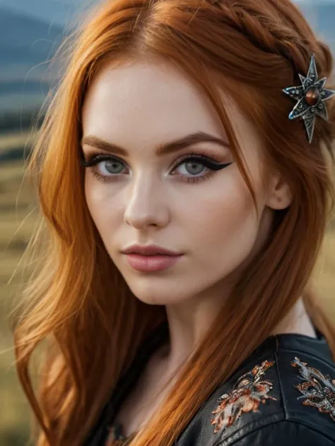 1girl, beautiful, orange hair, fantastical hair, eyeliner, focus on eyes, intricate details, cowboy shot, sfw, highlands in background, detailed background