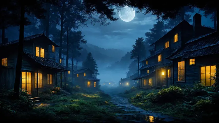 EdobHorrorLandscape, misty of forest, houses with light in the windows, ,darkness:1.2,night:1, <lora:EdobHorrorLandscape_XL_v1.0:1>