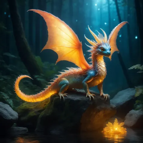 photo of beautiful hybrid fish dragon fairy creature sitting on a rock ledge in a dark forest, translucent glowing wings, long glowing tail, surrounded by fireflies, scales, side view, anatomically correct mermaid, cinematic