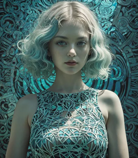 Velvia, Realism, graphic print, surreal, klimt,Breakcore, Sunlight, Reflected light, Berlin Secession, delicate, Hellenistic hair styled as French crop, Zentangle, anaglyph effect, elegant dress, face portrait