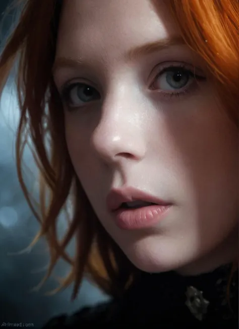girl lips extreme close up, Macro, goth, hyperealism, ginger ,fog ,low light,very dark ,beautiful,cinametic atmosphere, dark light, drammatic, cold colors, cinematic, skin texture, fog, backlight, colorful, high contrast, depth, extreme close up,