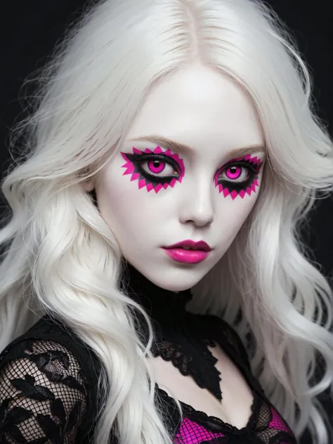 science book cover art, scientific, precise, detailed, cool colors the image presents a striking digital art piece featuring a humanoid face with striking pink eye shadow and lipstick, exuding an air of otherworldliness. the individual's long white hair cascades down, matching the stark black and white background adorned with a zigzag pattern. the person appears to be wearing a dark outfit that complements their ghostly pallor. the virtual landscape style brings out the intricacies of this surreal creation, emphasizing the fusion of realism and imagination in its depiction.