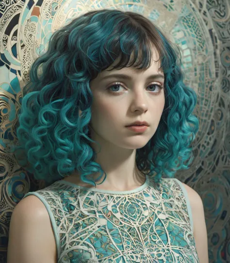 Velvia, Realism, graphic print, surreal, klimt,Breakcore, Sunlight, Reflected light, Berlin Secession, delicate, Hellenistic hair styled as French crop, Zentangle, anaglyph effect, elegant dress, face portrait