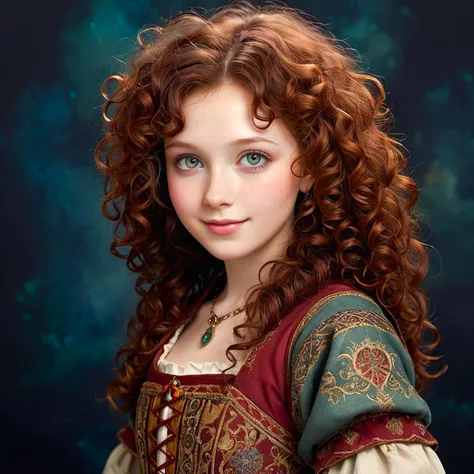 medieval fantasy, a 20 yrs old porcelain girl , happy, soft organic skin texture, delicate face, jade eyes, dark red brown curly hair, eclectic, dark background