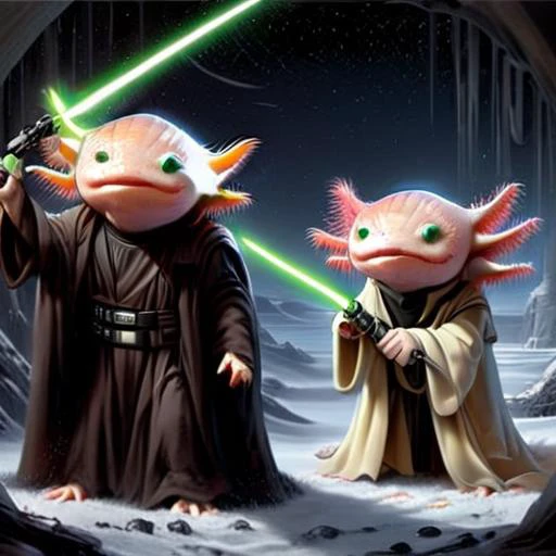 <lora:4xoltl:1>,((2 axolotls))two axolotls,having a lightsaber fight dressed,one as (Yoda:1.3),and one as (emperor Palpatine:1.3),with background on the death star,hd 4k,colorful,