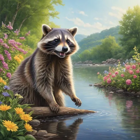 colored pencil drawing of happy racoon playing at river bank surrounded by pretty flowers in summer morning, BREAK (professional painting, dynamic pose, dynamic composition, dynamic lighting, realistic proportions, extreme detailed, intricate details), (hdr, raytracing, ultra detailed, highly detailed atmosphere, highly detailed textures)