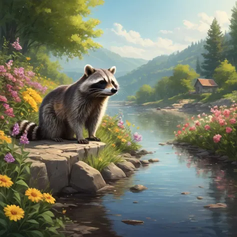 90s illustration style happy racoon playing at river bank surrounded by pretty flowers in summer morning, BREAK (professional painting, dynamic pose, dynamic composition, dynamic lighting, realistic proportions, extreme detailed, intricate details), (hdr, raytracing, ultra detailed, highly detailed atmosphere, highly detailed textures)
