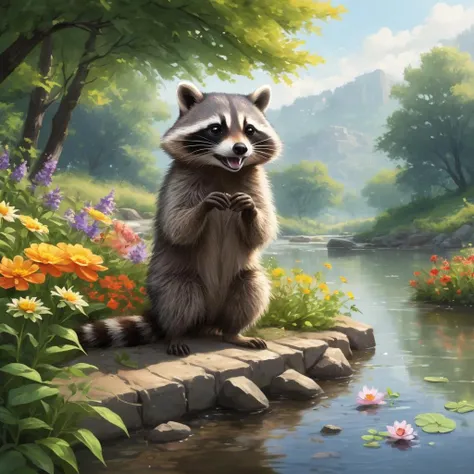 anime style drawing of happy racoon playing at river bank surrounded by pretty flowers in summer morning, BREAK (professional painting, dynamic pose, dynamic composition, dynamic lighting, realistic proportions, extreme detailed, intricate details), (hdr, raytracing, ultra detailed, highly detailed atmosphere, highly detailed textures)
