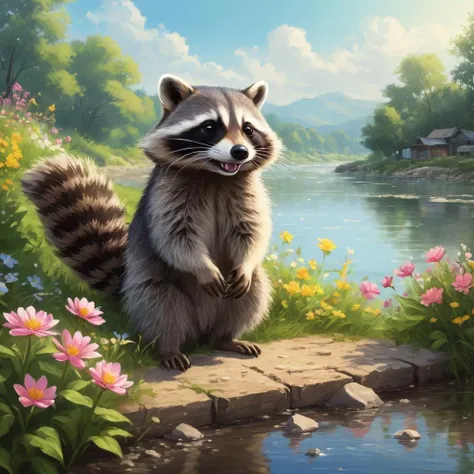 anime style drawing of happy racoon playing at river bank surrounded by pretty flowers in summer morning, BREAK (professional painting, dynamic pose, dynamic composition, dynamic lighting, realistic proportions, extreme detailed, intricate details), (hdr, raytracing, ultra detailed, highly detailed atmosphere, highly detailed textures)