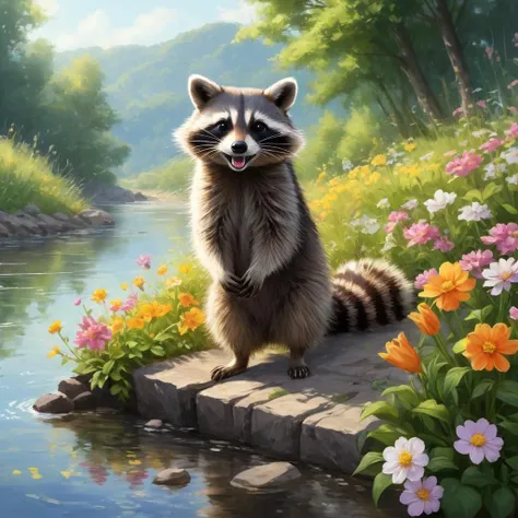 anime style drawing of happy racoon playing at river bank surrounded by pretty flowers in summer morning, BREAK (professional painting, dynamic pose, dynamic composition, dynamic lighting, realistic proportions, extreme detailed, intricate details), (hdr, raytracing, ultra detailed, highly detailed atmosphere, highly detailed textures)