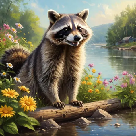 sloppy strokes drawing of happy racoon playing at river bank surrounded by pretty flowers in summer morning, BREAK (professional painting, dynamic pose, dynamic composition, dynamic lighting, realistic proportions, extreme detailed, intricate details), (hdr, raytracing, ultra detailed, highly detailed atmosphere, highly detailed textures)