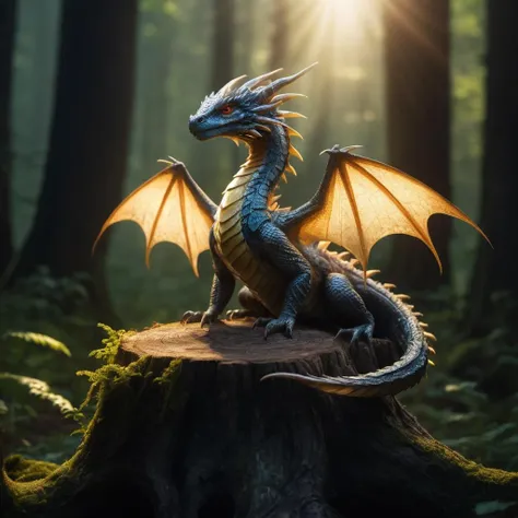 intricate photo of beautiful hybrid alien reptile dragon creature sitting on a tree stump in a dark forest, translucent glowing wings, long glowing tail, side view, high quality, posing in sunlight, light rays