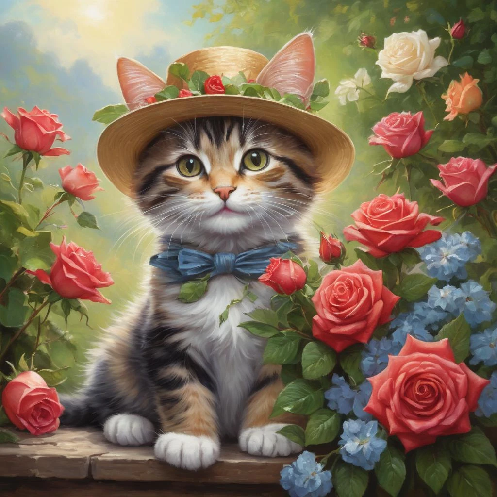 Alayna Lemmer style painting of happy anthropomorphic kitten holding roses bouquet and wearing fancy hat surrounded by pretty flowers in summer morning BREAK (professional painting, dynamic pose, dynamic composition, dynamic lighting, realistic proportions, extreme detailed, intricate details, hdr, raytracing, ultra detailed, highly detailed atmosphere, highly detailed textures)